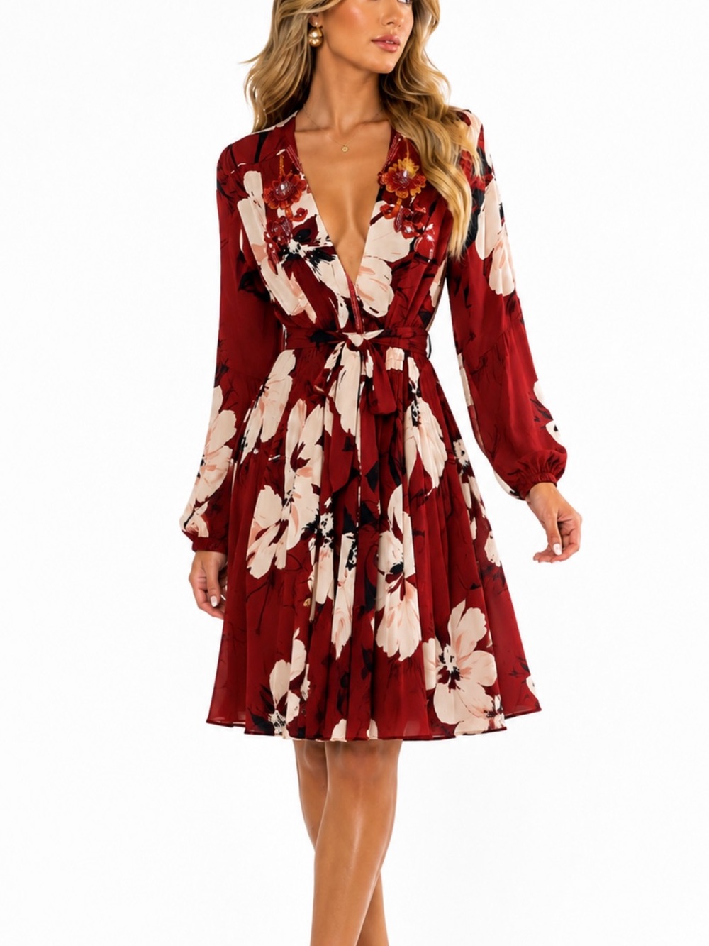 Taj by Sabrina Crippa Floral V-Neck Tie-Waist Dress